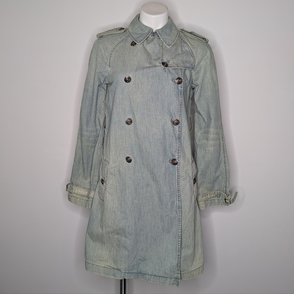 Vintage Polo Jeans Ralph Lauren Light Blue Denim Double Breasted Trench Coat S